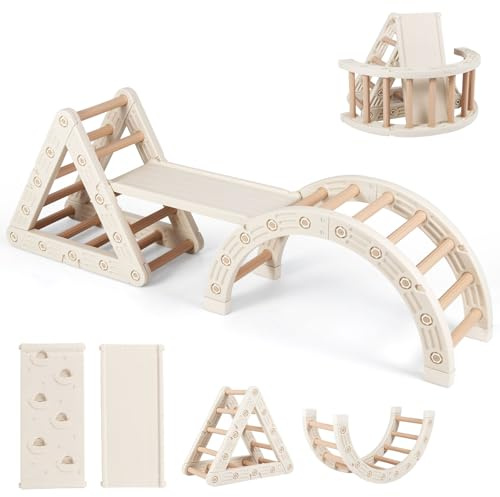 FANTASK Montessori - Set da arrampicata 5 in 1, con scivolo e triangolo in legno, giocattolo da arrampicata con rampa bifacciale, giocattolo per bambini dai 3 ai 6 anni