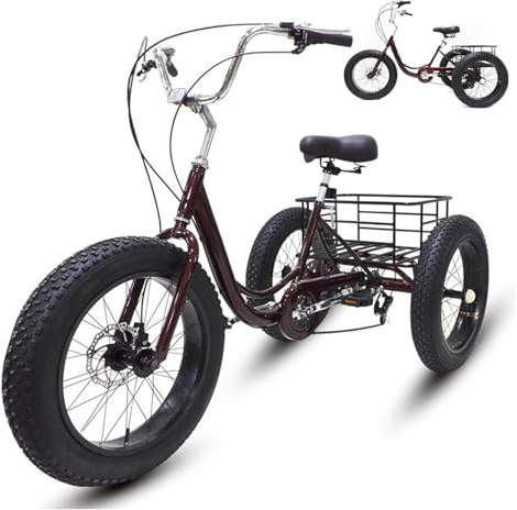 Justerbar lastcykel, 20x4-tums Vuxen 7-växlad Fat Tire Trehjuling med lastkorg Flerfärgad(Darkred)