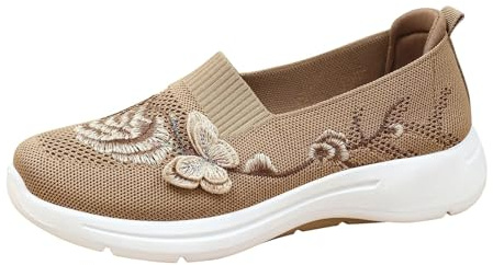 Ventilerande promenadskor, dam, halvskor, broderi, blommor, festskor, slip-on, sneakers, lätta, bekväma, fritidsskor, eleganta, loafers, slip-skor, halkfria, platta, promenadskor, kaki, 35 EU
