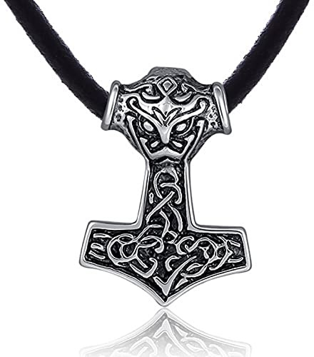 DonDon collar de cuero 50 cm y colgante martillo de Thor de acero inoxidable para hombres en bolsa de terciopelo de color negro