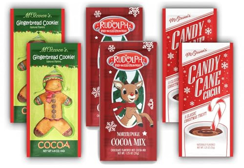 Candy Cane, Gingerbread and Rudolph The Red Nosed Reindeer Hot Chocolate Cocoa Set of SIX Single Serve Packets – Best Gourmet Gift or Stocking Stuffer