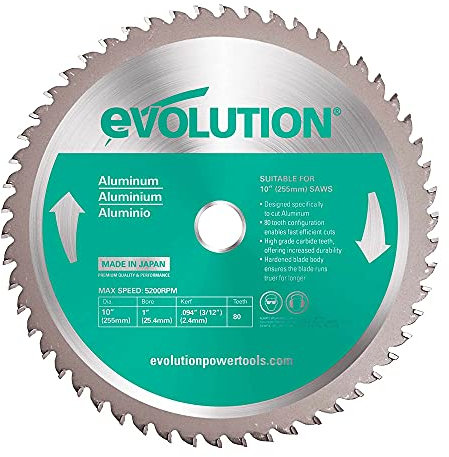 Evolution Hoja de sierra de 255 mm A255TCT-80MS de Evolution para cortar aluminio: la hoja de sierra de metal con punta de carburo no genera calor, rebabas ni chispas