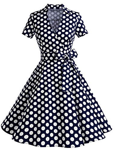 Timormode 50er Jahre Rockabilly Kleider Damen Festliches Kleid Elegante Vintage Coctailkleid Navy Dots L