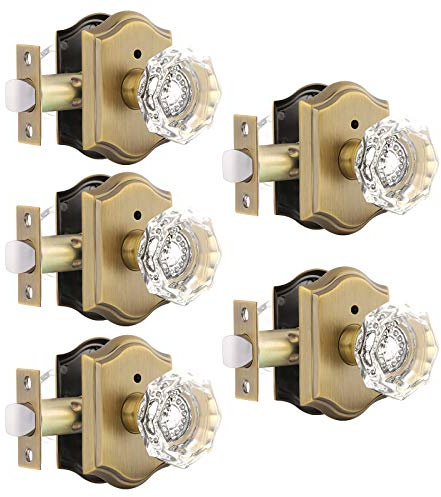 Gobrico Interior Door Locksets in Antique Brass,Octagonal Crystal Doorknobs for Bed/Bath,Privacy Function Door Handles,Push Pin Inside Lock,5 Pack