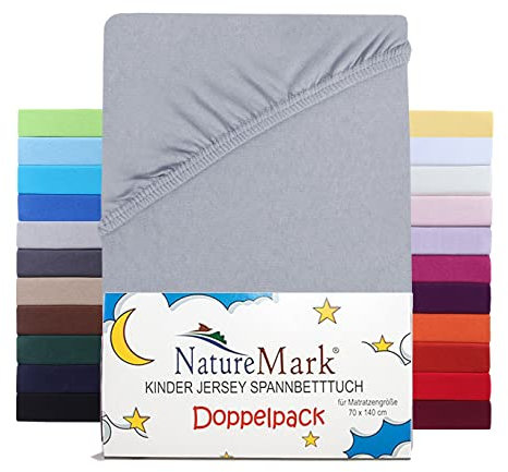 NatureMark 2er Set Kinder Spannbettlaken Jersey, Spannbetttuch 100% Baumwolle, für Babybett und Kinderbett | 70x140 cm - Silber grau