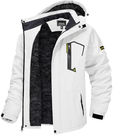 TACVASEN Men's Skiing Jacket with Hood Hiking Fishing Travel Fleece Jacket Parka Coat White, 2Xl