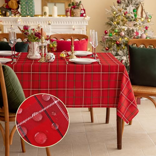 Romanstile Christmas Rectangle Red Plaid Tablecloth - 60 x 102 Inch - Tartan Water Stain Resistant Table Cover, Washable Polyester Checkered Table Cloths for Xmas Dinner/Party Decoration/Holiday