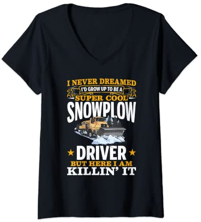 Womens Snow Plow Tractor Machine Truck Shovel Driver Snowplough V-Neck T-Shirt