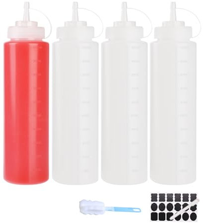 YBCPACK 4-Pack 32oz/1000ml Large Plastic Squeeze Bottles with Nozzles, Food Grade Refillable Sauce Bottles, Squeezy Condiment Dispenser for Sauces, Ketchup and Salad