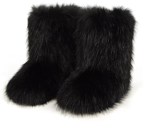 QMFUR Women's Furry Faux Fur Boots Fuzzy Fluffy Mid Calf Snow Boots Suede Warm Fur Lined Booties Flat Fashion Boots (Black 1, 7)