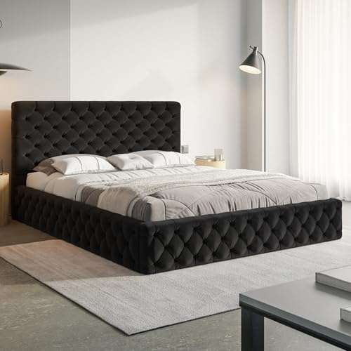 MOTIVENA Dalia Chesterfield Bett 140x200 Schwarz Samt, mit Stauraum, mit Kopfteil, mit Lattenrost, ohne Füße, ohne Matratze, Chesterfield Polsterbett 140x200 mit Bettkasten Schwarz