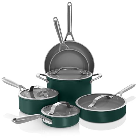 Ninja Ceramic Pro 10-Piece Cookware Set, Non-Stick Pots & Pans Set with Glass Lids, PTFE Free, Ceramic Coated, Oven Safe, All Stovetops & Induction Compatible, British Racing Green, CW39010GN