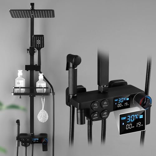 Edelstahl Duschsystem Schwarz mit Thermostat inkl. Temperatur LED-Display, 30 X 19 CM Kopfbrause, Duscharmatur mit 3 Funktion Handbrause, 86-120 cm Verstellbare Duschstange, 1.5m Brauseschlauch