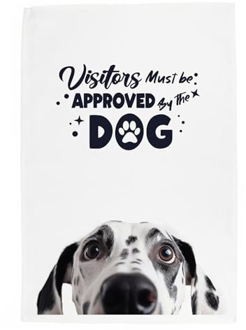 Purely Home Peeping Dog Tea Towel - Visitors Must Be Approved By The Dog - Dalmatian Gift Panama Cotton Kitchen Dish Towel/Drying Cloth - 67cm x 45cm