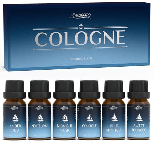 SALUBRITO Cologne Essential Oils Set, Fragrance Oil for Diffuser, Home, Candle, Soap Making, Amber Oud, Midnight Musk, Blue Mystique, Sweet Tobacco, Nocturne, Cologne for Men