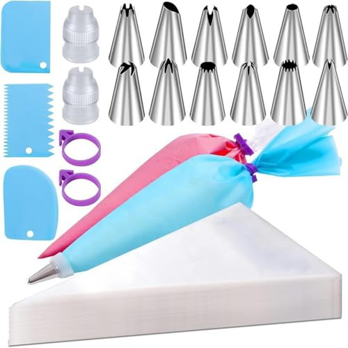 Piping Bags and Nozzles Set, 100 Pcs 12 Inches Disposable Piping Bags, 16 Nozzles, 2 Couplers, 2 Bag Ties,3 Blue scrapers for Cake Cupcake Dessert Cookies Decoration