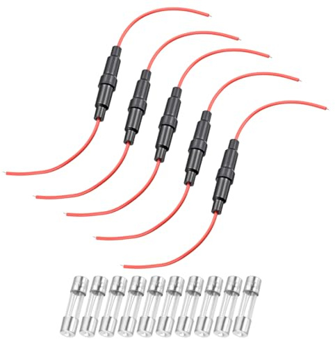 sourcing map 5Pcs 6x30mm Fuse Holder 22 AWG Wire with 10Pcs 30A Fuses | Inline Screw Type Fuse Holder ,Red Wire,Fast Blow Glass Fuses