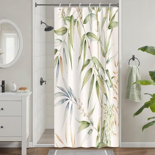 Uiiooazy Shower Curtain Narrow 90 x 180 cm, Shower Curtain Anti-Mould Bamboo Green Leaves Blue Yellow Plant Motif Shower Curtains Fabric Washable Waterproof Polyester Bathroom Curtain with 6 Hooks for