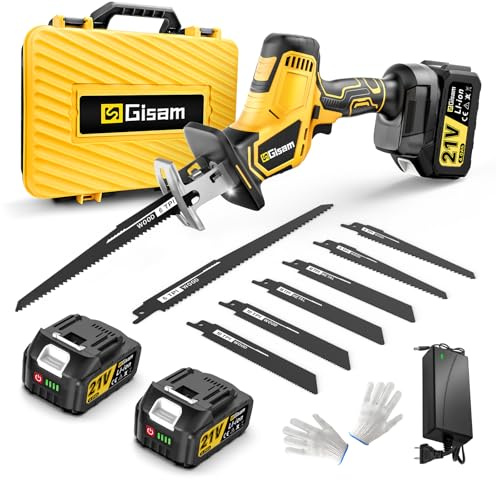 Scie Sabre sans fil 21V, Moteur sans balais de 3500 SPM, Scie alternativeavec 2 batteries 4.0Ah, 8 lames polyvalentes en alliage d'acier qui coupent, Pour bois, métal, PVC