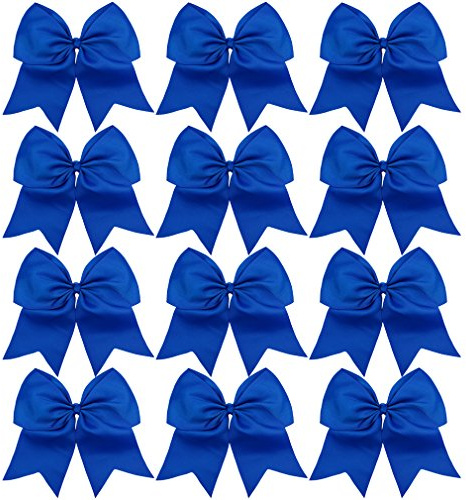 DEEKA 12PCS 8 Large Cheer Hair Bows Ponytail Holder Handmade for Teen Girls Softball Cheerleader Sports-Royal Blue