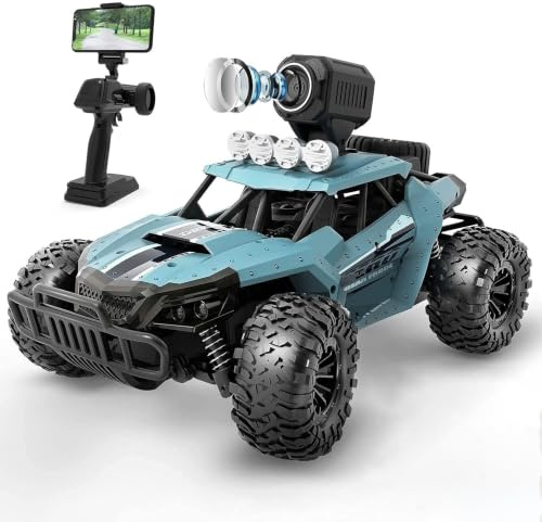 DEERC Télécommandée, 1:16 4WD 20KM/H RC Voiture, Electrique Monster Truck avec Caméra FPV HD 1080P, Grande Vitesse 60 Minutes d’Autonomie avec 2 Piles, Véhicule Tout-Terrain 2,4 GHz
