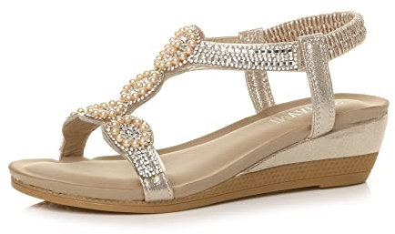 AJVANI mid wedge heel diamante t-bar elastic slingback sandals size 6 39