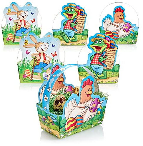com-four® 6X Osterkorb mit Motiv - Pappkörbchen zum befüllen - Osternest für Geschenke und Ostereier - Geschenktasche aus Pappe mit Tragegriff (Set 1-6 Stück)