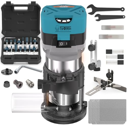 TWOWIN Outil de défonceuse à bois, 6,5 A, 1,25 CV, outil de défonceuse à bois portable, défonceuse compacte pour le travail du bois, 6 vitesses variables, base fixe, outil de travail du bois avec