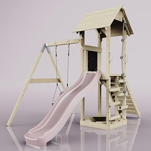 Rebo Spielturm mit Wellenrutsche und Kinder-Schaukel, Outdoor Klettergerüst Garten,Altrosa