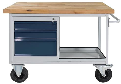 PROREGAL Rhino Établi mobile avec compartiment de rangement + 3 tiroirs - H x l x P : 83 x 130 x 60 cm - Charge maximale : 500 kg - Gris clair/gris anthracite - Table d'atelier - Table de travail