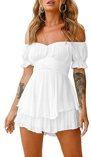 Women Puff Sleeve Off Shoulder Mini Dress Square Neck Ruffled A Line Flowy Swing Beach Dress Summer Smocked Sundress (White, L)