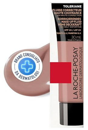 La Roche-Posay, Toleriane Concealer, Foundation Long Lasting 16H, hohe Deckkraft, geeignet für empfindliche bis zu Akne neigende Haut, LSF 25, Farbton 12,5, 30 ml