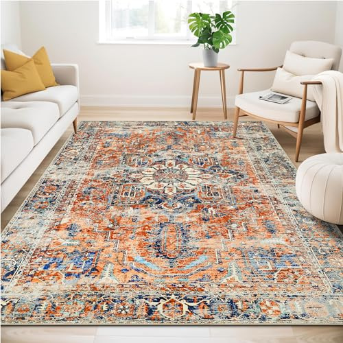 Guchuang Bedding Washable Rugs Living Room Area Rugs Orange Vintage Boho Rug Large Non Slip Carpet Moroccan Rugs Short Pile Rug for Bedroom Dining Room Kitchen, Soft Faux Wool, 160x230cm