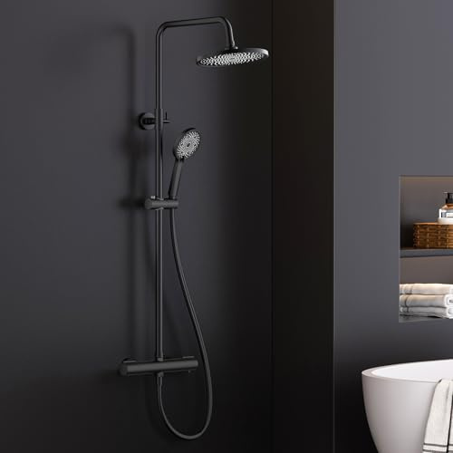 FORIOUS Thermostatic Shower Mixer Set-25cm Round Overhead Rainfall Black | Stainless Steel Bar, Adjustable 90-125cm,3-Jet Hand Shower, Swivel Bracket, Anti-Leak Hose, Anti-Scald