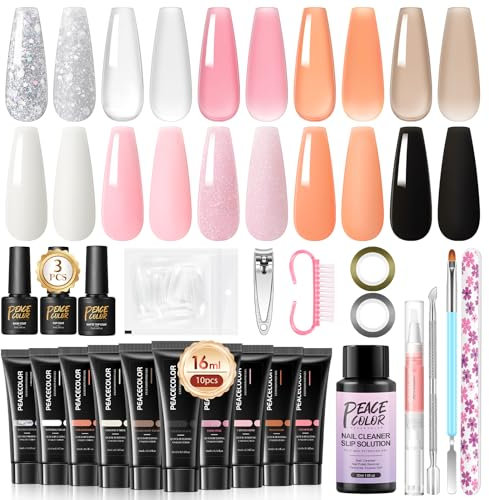 Peacecolor Poly Nail Gel Extensión Kit, 10 Colores 16ml Gel de Extensión de Uñas 30ml Slip Solution Top y Base Coat Uñas de Gel Regalos de Nail Art para Principiantes