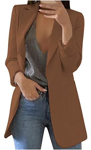 Damen Elegant Langarm Einfarbig Revers Blazer mit Tasche Lässige Mode Geschäft Büro Mit Knopfleiste Blazer für Frauen 2025 Sommer Frühling Damen Business Slim Fit Offen Vorne Blazer