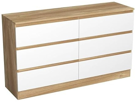 URBNLIVING Modern Oak Wooden Chest with White 6 Drawers for Bedroom or Office Storage Versatile Bedside Table and Stylish Cabinet for Organizing Clothes Accessories Work Place Supplies and Items