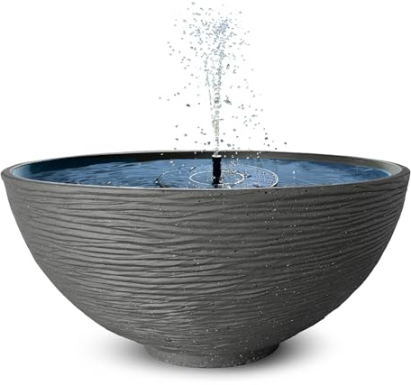 matches21 HOME & HOBBY Juego de fuente solar para exteriores, 45 x 23 cm, cuenco decorativo gris y flotante, fuente de agua para exteriores, fuente de jardín como balcón, baño para pájaros