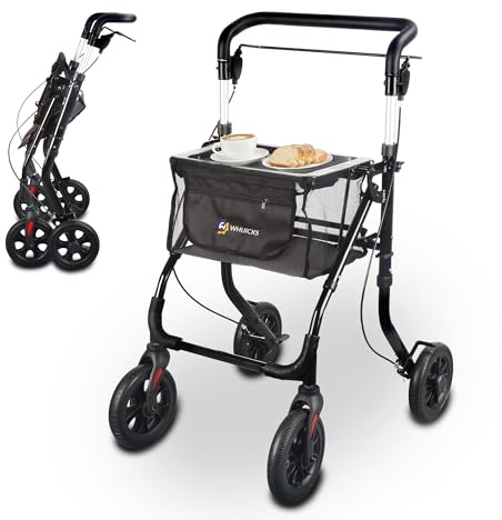 Deambulatore Pieghevole per Casa Stretto, Rollator Leggero con Seduta e Freno, Supporto per Camminata Anziani in Alluminio con Tavolo Rimovibile
