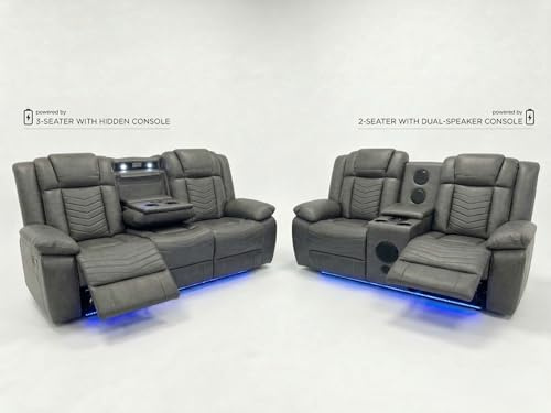 Michigan Leather Electric Recliner Sofa Set With Cupholders - Tech Air Leather - Bluetooth Speakers -Wireless Charging - USB Ports - LED Lights - Cupholders & Storage (Grey, 3+2 Seater)