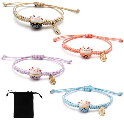 BAUCH 4 Piezas Pulsera Gato de la Suerte Maneki Neko, Chinitos de la Suerte Ajustables con Cuentas de Cerámica, Pulseras de la Amistad para Mujer y Niña, Pack de 4 Colores con Bolsa de Terciopelo