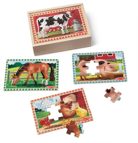 Melissa & Doug 4‑in‑1 Wooden Farm Jigsaw Puzzle Set, 48 Pieces with Storage Box, Toddler Puzzle Toy for Kids Ages 3+