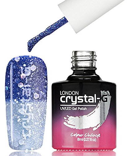 Crystal-G London Oceana Thermal Colour Change Gel Nail Polish, 8ml - Mid Navy Blue to Light Blue, Shimmer Glitter, UV/LED Cured, 1 Unit
