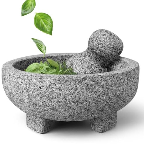 Flexzion Juego de mortero y pilón de granito – Soporte de cuenco de piedra de granito sólido de 7.9 pulgadas para guacamole, hierbas, especias, ajo, cocina, cocina, medicina