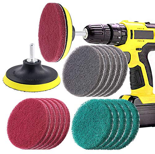Swpeet Lot de 16 tampons à récurer de 10,2 cm, 3 couleurs différentes, brosses alimentées par perceuse, kit de nettoyage, tampons de polissage abrasifs de rechange avec 1 crochet de fixation pour le