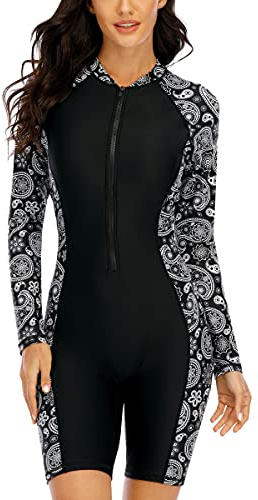 Halcurt Damen Rashguard UV Siamesisch, Athletic Swim Shirt,Langärmelige Badeshirt Badenmode Tankini, Schwarz, L
