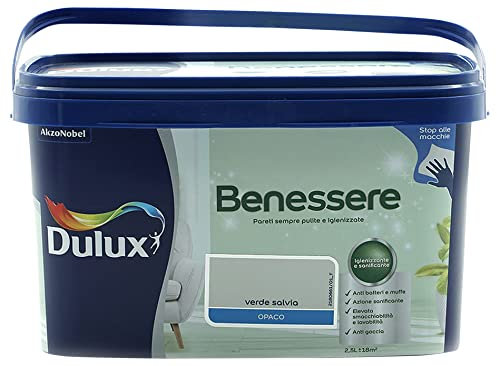 Dulux Benessere Pittura Colorata all'Acqua per Interni Superlavabile Anti Muffa Anti Batteri con Ioni D'Argento, 2.5 Litri, Verde Salvia, 2.5L