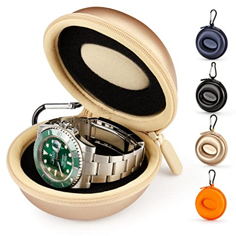 HELMDY Caja de Reloj, Portátil Caja Relojes Estuche de Viaje para Reloj, La Caja de Almacenamiento de Reloj con Cremallera, Con Mosquetón y Esponja, Adecuados para Todos Los Relojes 50 mm (Dorado)