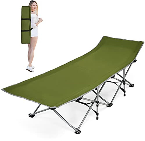 SPOTRAVEL Camping Bed, Folding Travel Sleeping Cot with Carry Bag and Storage Pockets, Portable 26 Extra Wide Heavy Duty Camp Bed for Indoor Outdoor (Green)