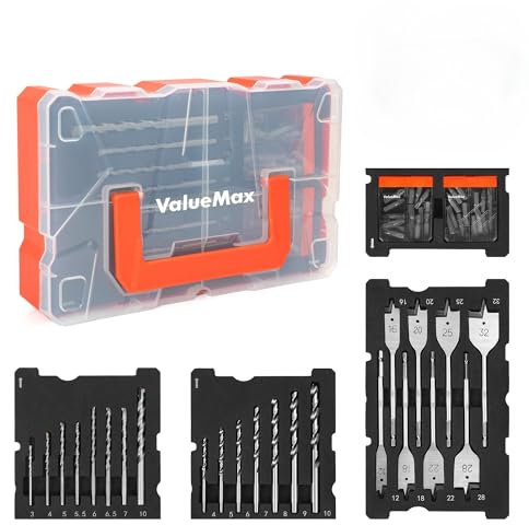 ValueMax 55 Pcs Drill Bit Set - Includes HSS, Masonry, Spade & Cr-V Screwdriver Bits in Storage Case - for Metal, Masonry, Wood & Plastic
